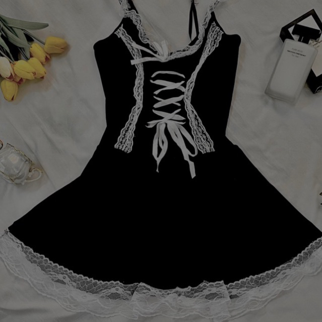 ĐẦM NGỦ ĐEN PHỐI REN NƠ PHONG CÁCH LOLITA CHẤT THUN LẠNH 2HAND HÀNG QUỐC