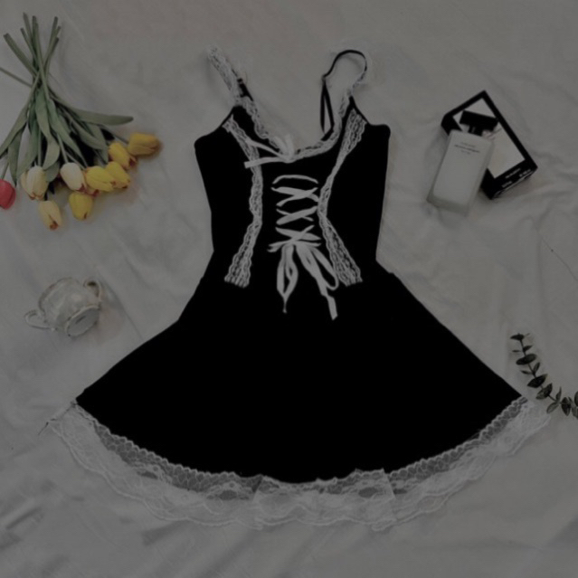 ĐẦM NGỦ ĐEN PHỐI REN NƠ PHONG CÁCH LOLITA CHẤT THUN LẠNH 2HAND HÀNG QUỐC