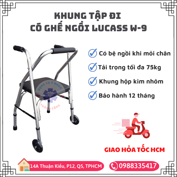 Khung tập đi Lucass W-9 có ghế ngồi dành cho người lớn tuổi, bệnh nhân