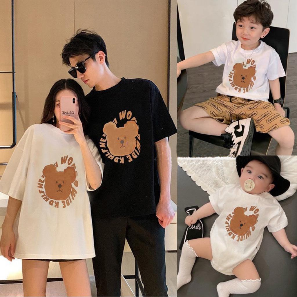 Set Áo Gia Đình Hokiha Kid Hoạ Tiết Mặt Gấu Dễ Thương Gồm Áo Bố Mẹ, Áo Cho Bé Và 1 Bộ Bodysuit Chất Cotton Mềm Mại
