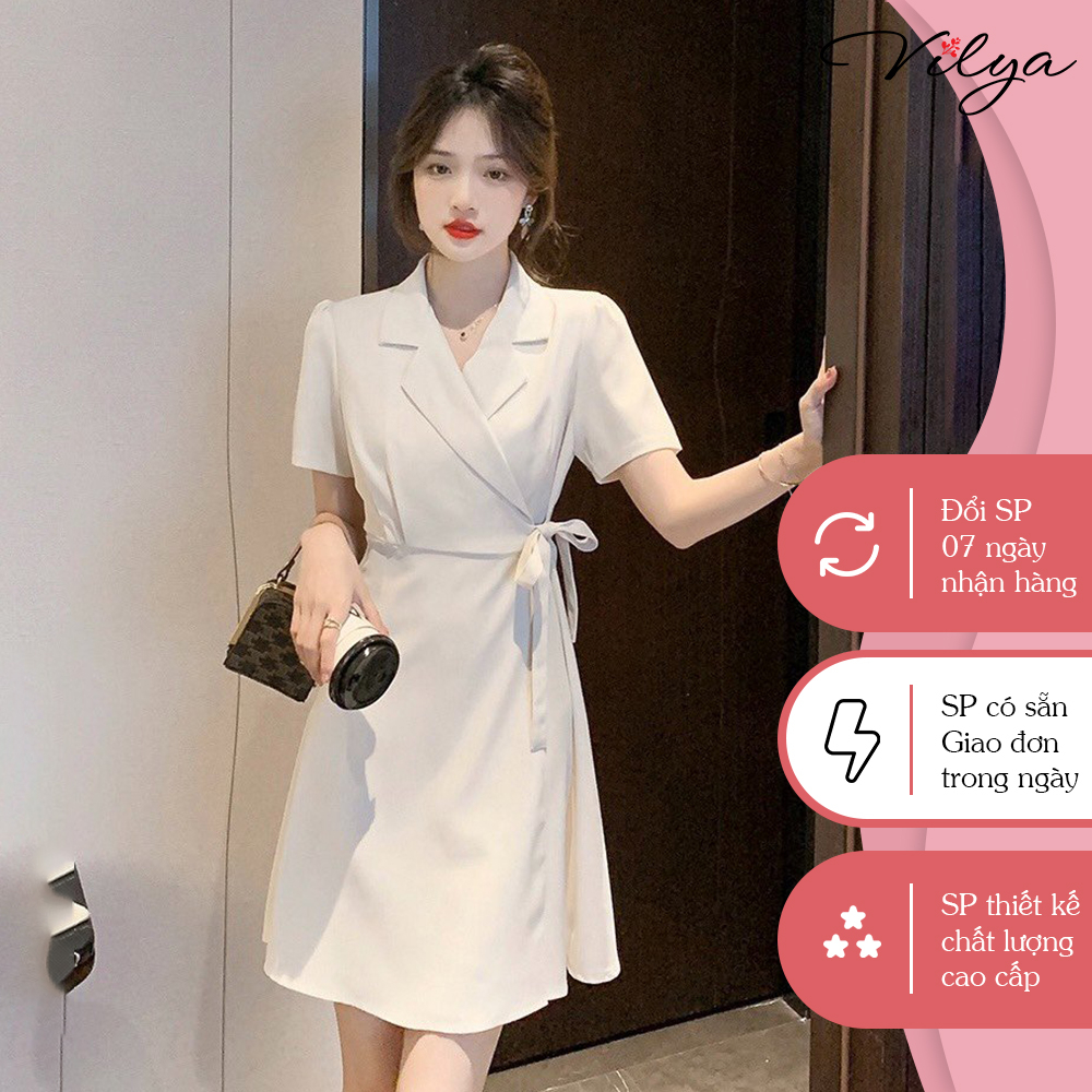 Đầm công sở dáng xòe VILYA màu kem cổ ve phối nơ eo VD001