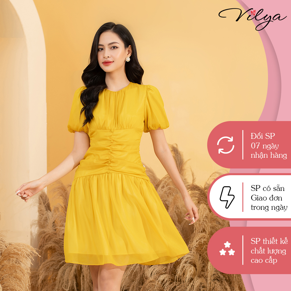 Đầm dáng xòe nữ VILYA màu vàng tay bồng 2 lớp cao cấp VD006