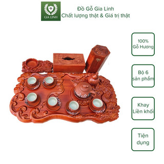 Bộ 6 sản phẩm bàn trà Đồ Gỗ Gia Linh gỗ Hương đá khay trà Nhất Long liền khối