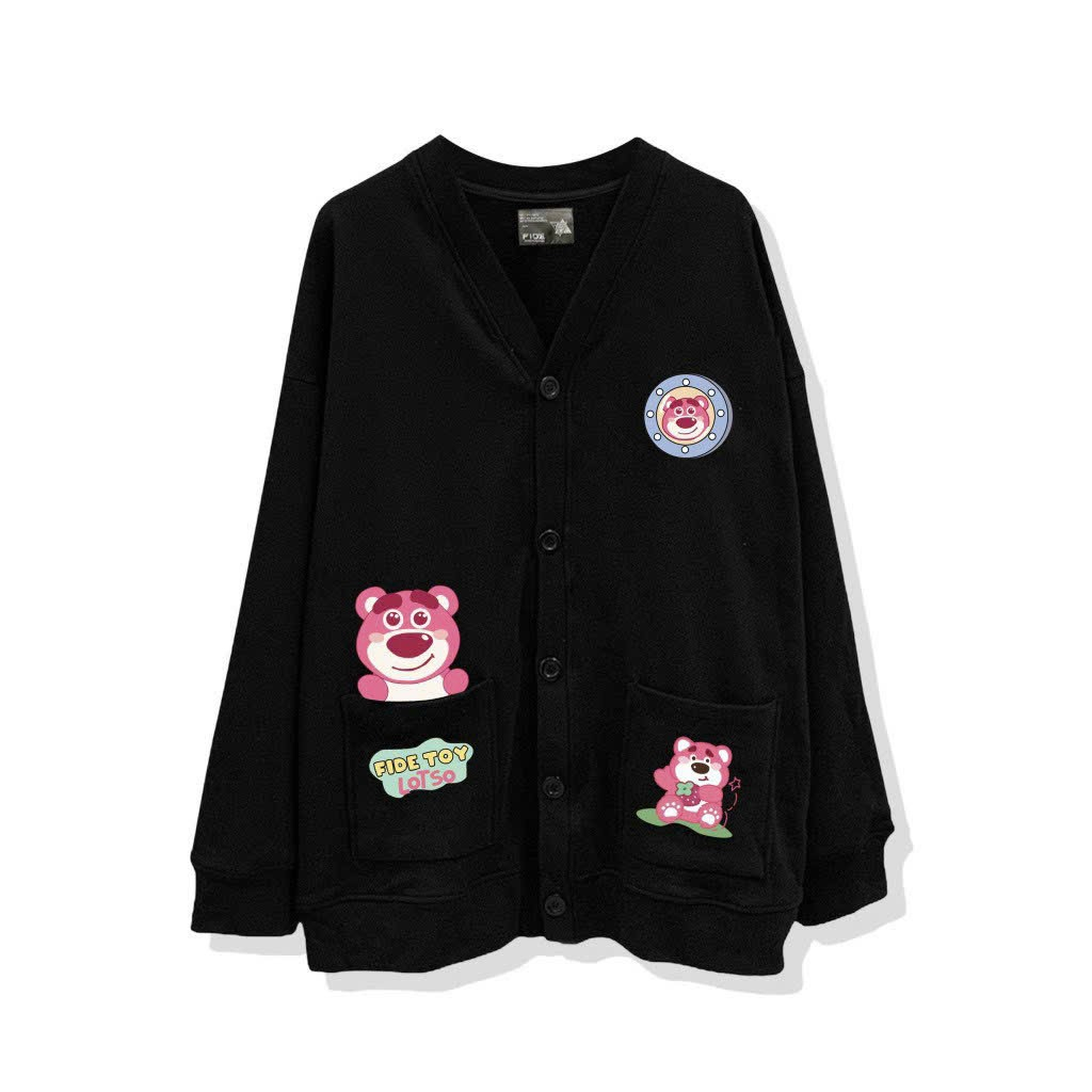 Áo Khoác Cadigan in Hoạt Hình Gấu Lotso Túi Sỏ Cúc Lớn Vải Nỉ Dầy Dặn
