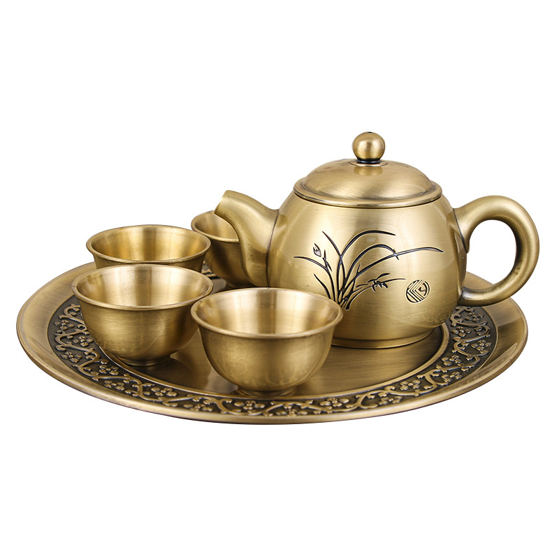 Bộ Ấm Chén Đồng Họa Tiết Cây Lúa Vàng NO1VIE