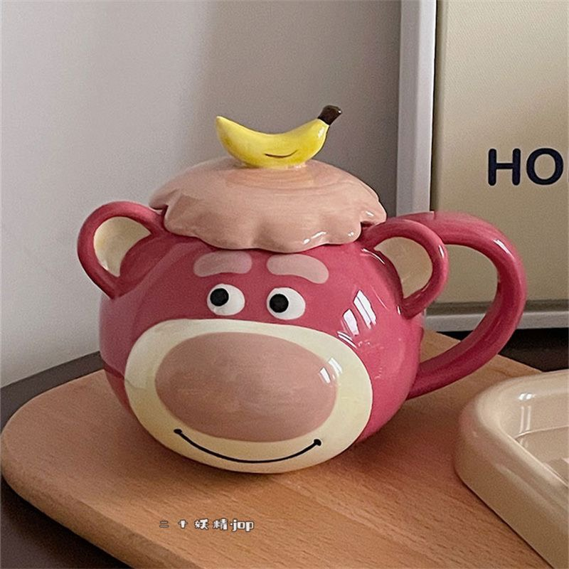 Cốc ly gấu dâu Losto dễ thương hoạt hình, ly gốm sứ cap cấp tạo hình đẹp mắt làm quà tặng Decor