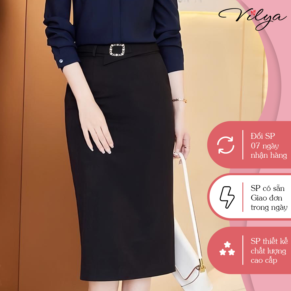 Chân váy ôm đen VILYA phối đai eo chất co giãn VJ005