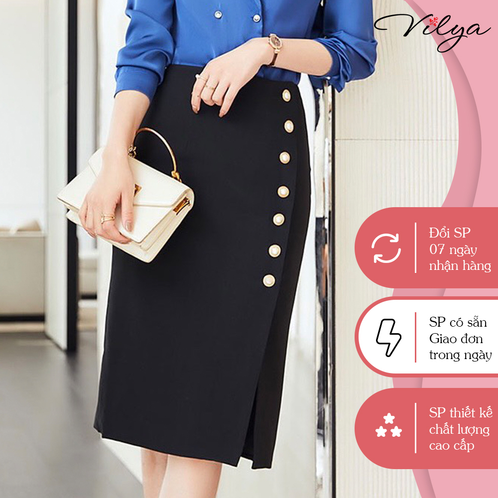 Chân váy ôm đen VILYA phối hàng cúc chất co giãn VJ010