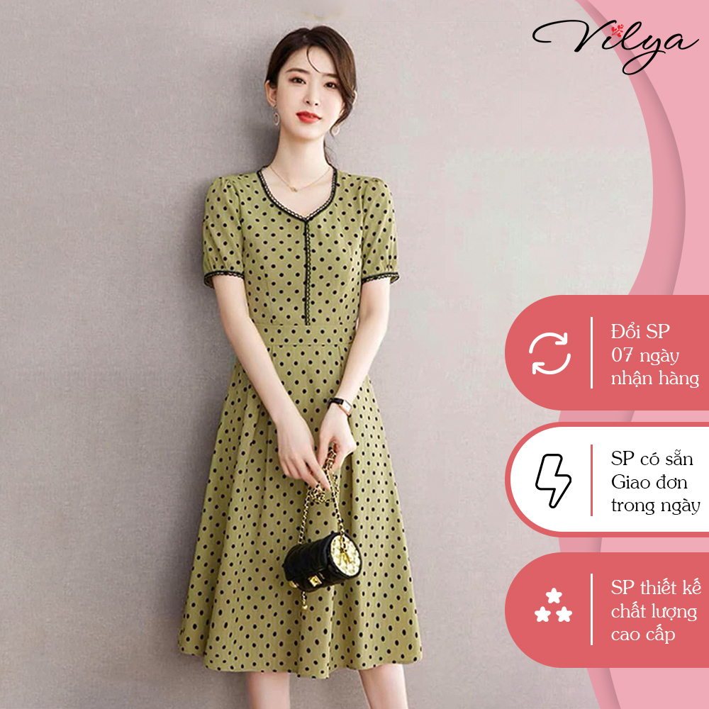 Đầm công sở dáng xòe VILYA màu xanh cốm chấm bi đen cổ tim tay ngắn VD23-070
