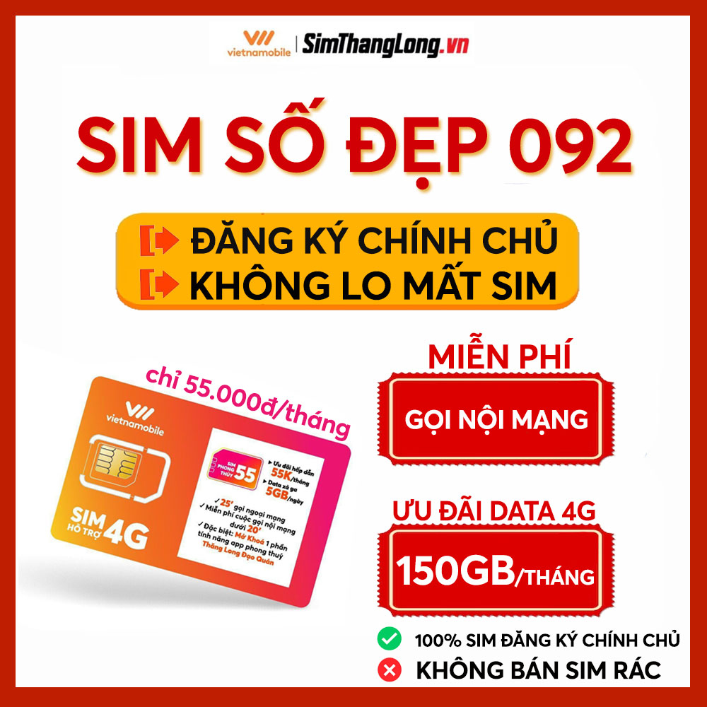 Sim 4G, sim số đẹp Vietnamobile, đăng ký gói PT55 5GB/ngày thả ga vào mạng 50k/tháng, Đăng ký chính chủ không lo mất sim