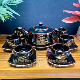 Bộ ấm chén uống trà, bộ ấm chén bát tràng - thuận buồm xuôi gió men đen bóng