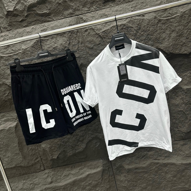 Bộ đồ nam cộc tay mặc hè Dsq2 in chữ ICON chéo áo ngang quần đen trắng vải cotton siêu đẹp siêu hot 2023