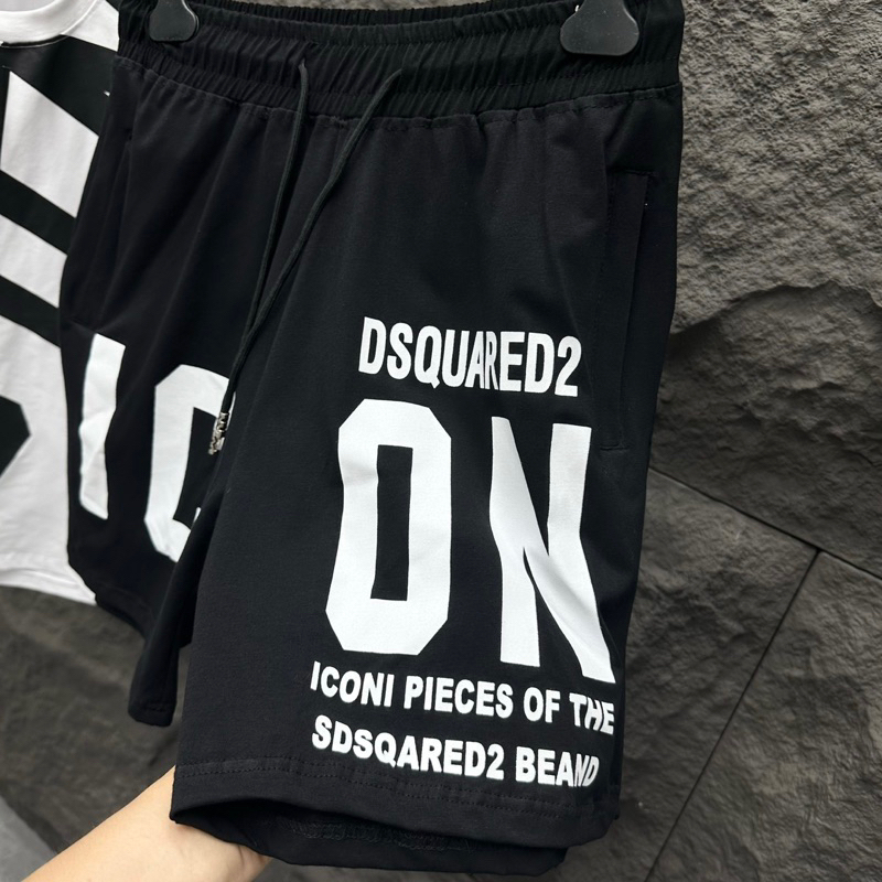 Bộ đồ nam cộc tay mặc hè Dsq2 in chữ ICON chéo áo ngang quần đen trắng vải cotton siêu đẹp siêu hot 2023