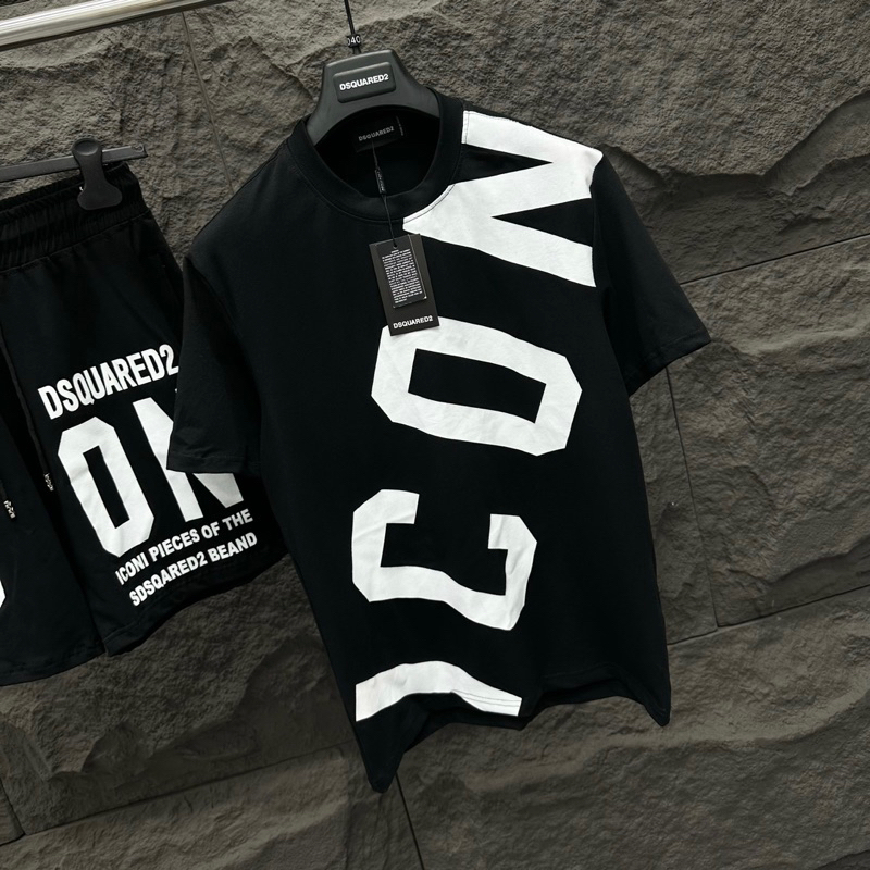 Bộ đồ nam cộc tay mặc hè Dsq2 in chữ ICON chéo áo ngang quần đen trắng vải cotton siêu đẹp siêu hot 2023