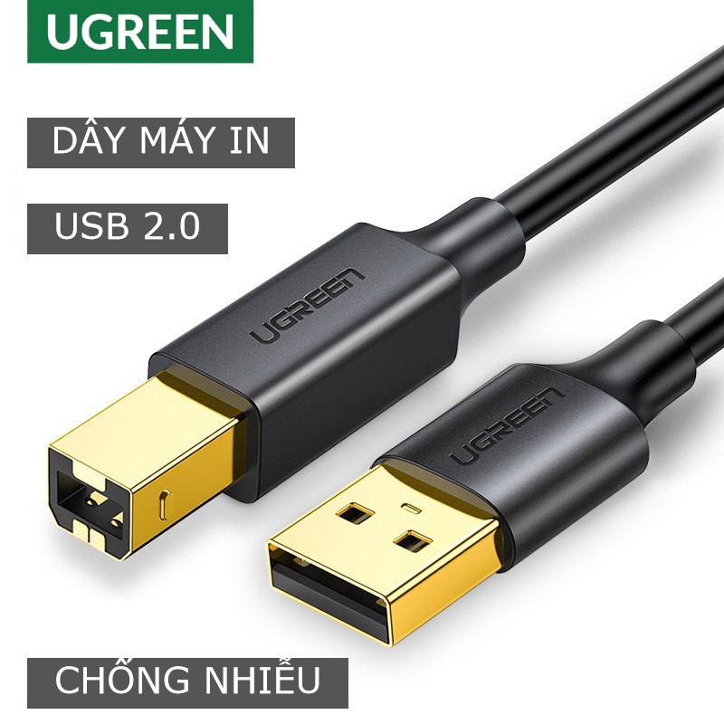 Dây máy in USB 2.0 chuẩn A đực sang chuẩn B đực UGREEN, bảo hành 12 tháng