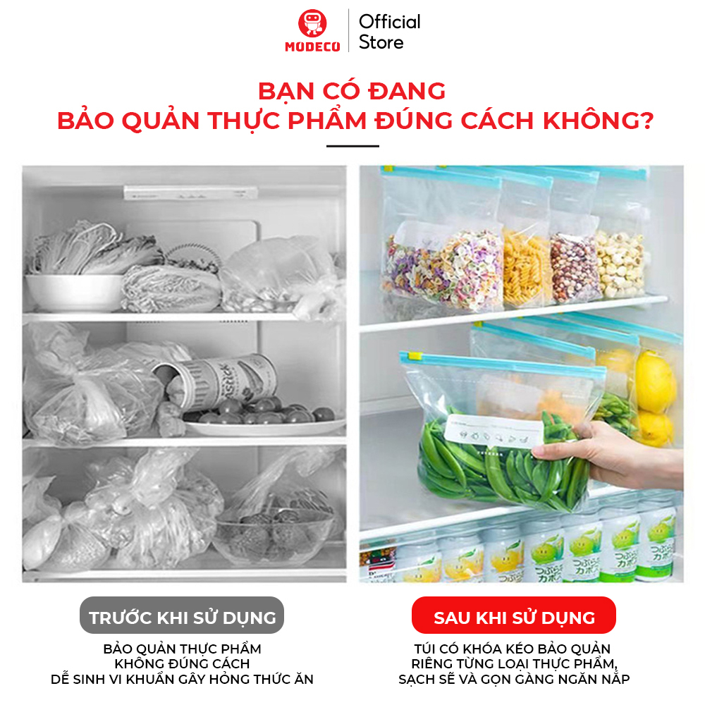 Túi Zip Đựng Thực Phẩm Cao Cấp Modeco - Bảo Quản Thức Ăn, Đồ Khô, Đồ Tươi Sống Trong Tủ Lạnh - An Toàn, Tái Sử Dụng