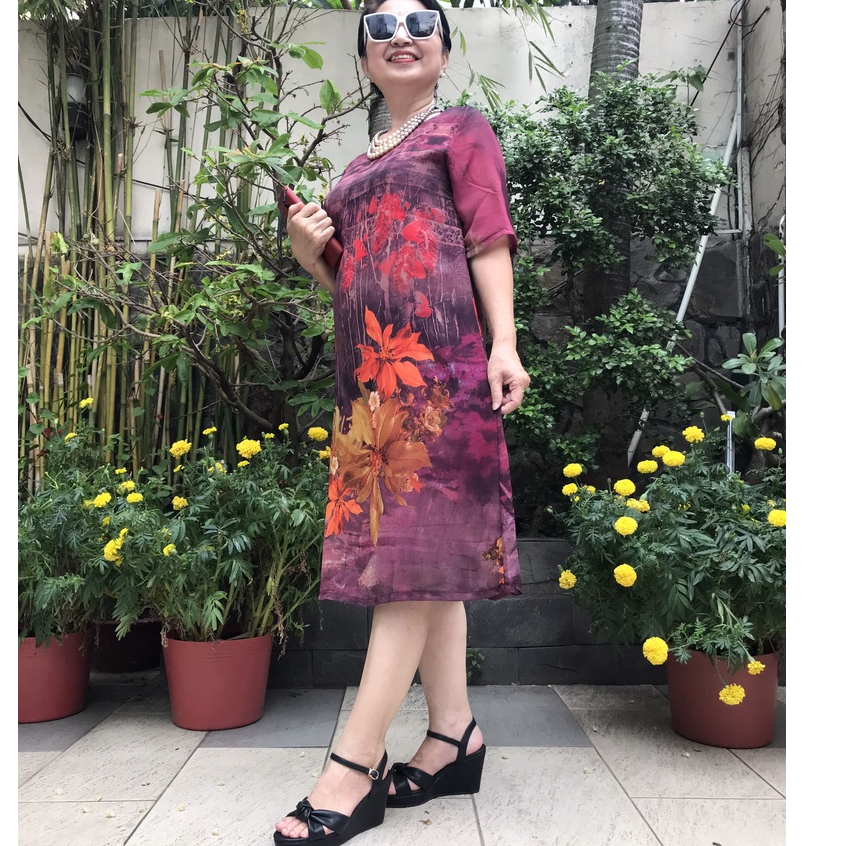 Đủ Size 50Kg Đến 90Kg - Váy Đầm Trung Niên - Vải Voan Sang Trọng 2 Lớp Form Suông A Che Bụng