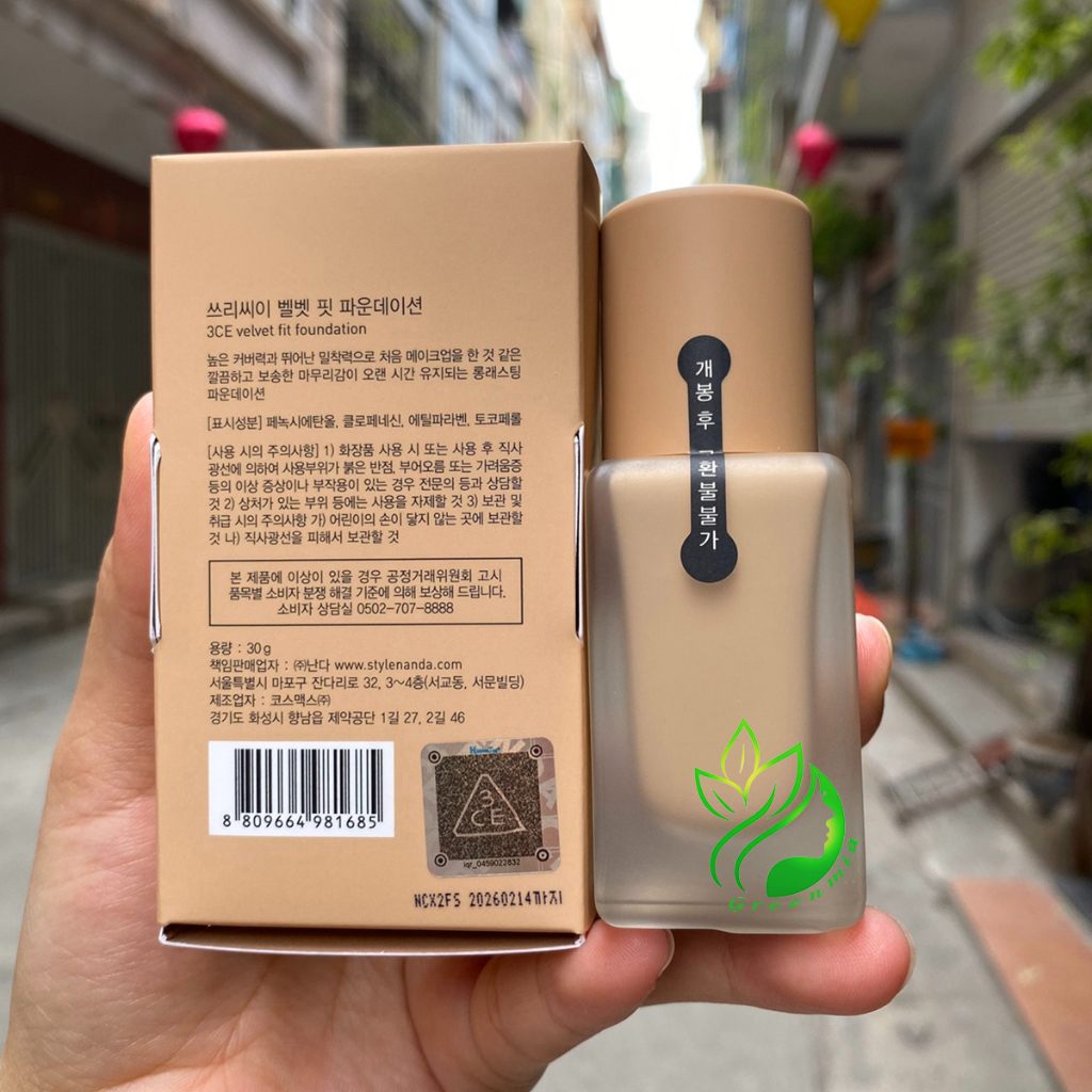 Kem Nền 3CE Velvet Fit Foundation Beige Lên Màu Tự Nhiên 30g Bền Lâu Trôi Kiềm Dầu Kháng Nước