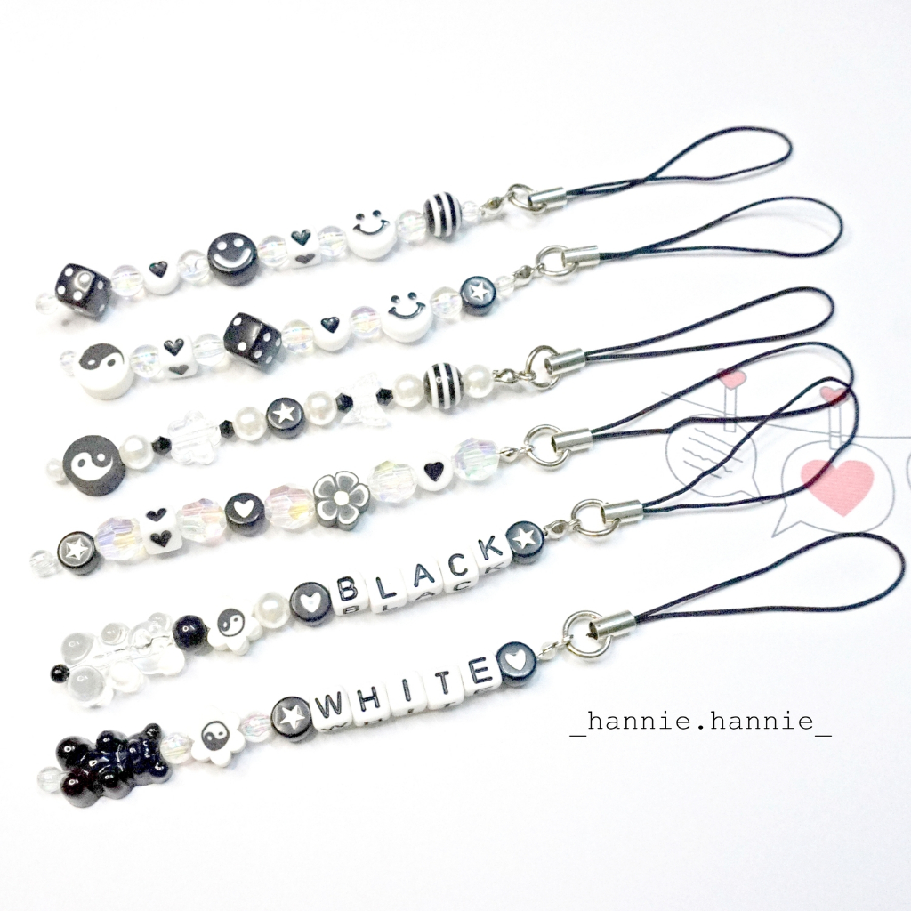 Set móc khóa màu trắng đen mix custom tên - Phụ kiện dây treo túi xách balo chìa khóa điện thoại handmade