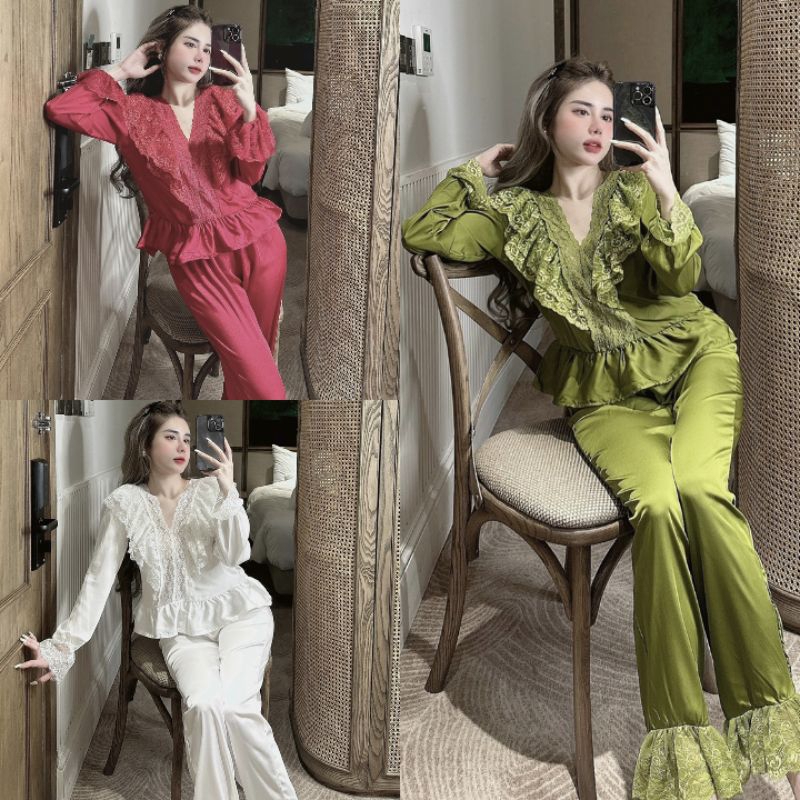 Đồ ngủ pyjama nữ mặc nhà Mẫu tiểu thư xinh xắn, chất lụa Latin và ren cao cấp Đồ ngủ nữ cao cấp