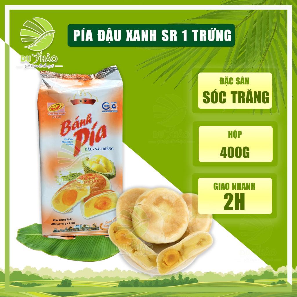 Bánh pía Tân Huê Viên Sóc Trăng đậu xanh sầu riêng 1 trứng 400g, bánh pía truyền thống - túi 4 bánh