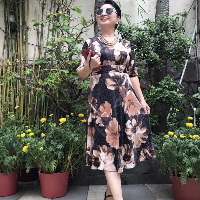 Size L, XL, 2XL : 55 - 80kg - Váy Đầm Trung Niên Thun Nhũ Kim Tuyến Dáng Xòe - Có Lớp Lót - Co Giãn