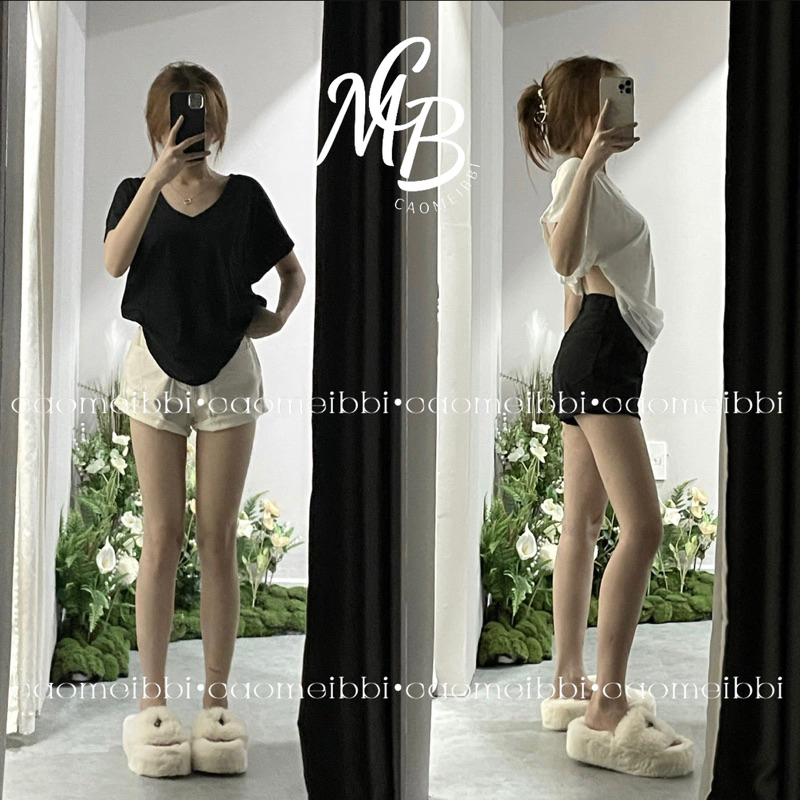 Áo Thun Cổ V - Quần Short Jean Dây Đai Dài