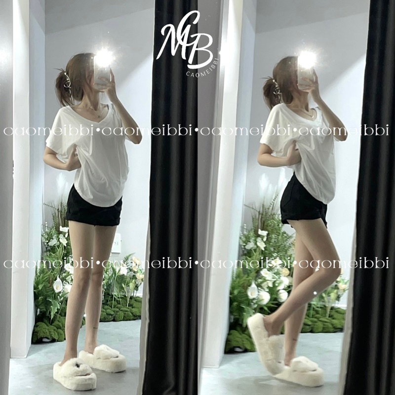 Áo Thun Cổ V - Quần Short Jean Dây Đai Dài