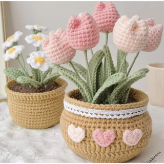 Chậu hoa để bàn bằng len handmade - chậu hoa trang trí bàn học, bàn làm việc - decor