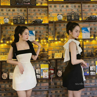 Váy đầm nữ hai dây kiểu buộc nơ vai phong cách Hàn Quốc viền trắng đen