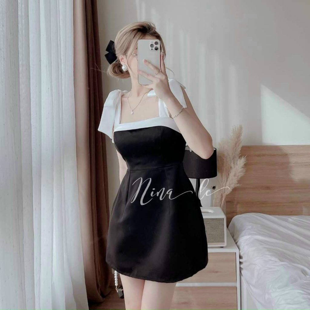 Váy đầm nữ hai dây kiểu buộc nơ vai phong cách Hàn Quốc viền trắng đen