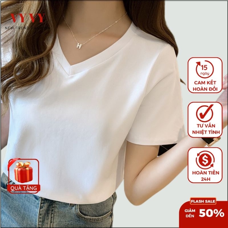 Áo Cổ Tim Nữ Ngắn Tay Dáng Xuông Cotton Vy Vy Đẹp Siêu Tôn Dáng