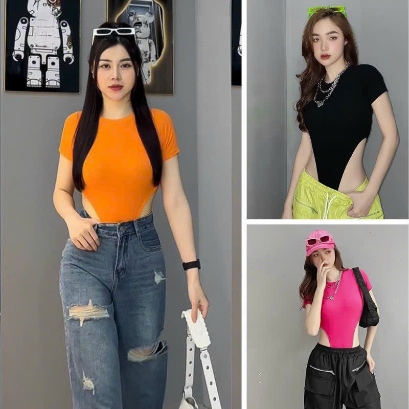 Áo bodysuit trơn cổ tròn núc bấm