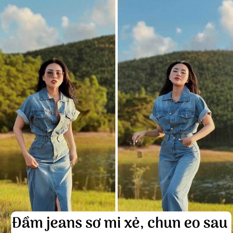 Jumsuit/jum/đồ bay jeans/denim đùi cổ sơ mi cài nút bo chun sau, đầm sơ mi xẻ chun sau eo siêu hot