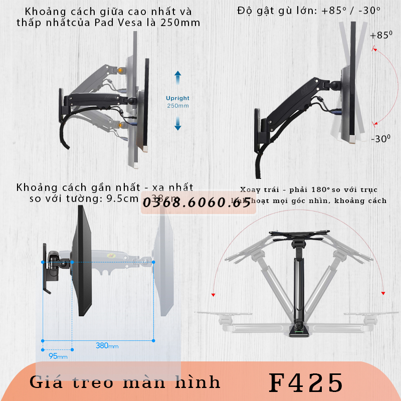 F425/ Giá Treo Màn hình gắn tường/ Tay treo/Arm màn hình gắn tường/ Lò xo thuỷ lực