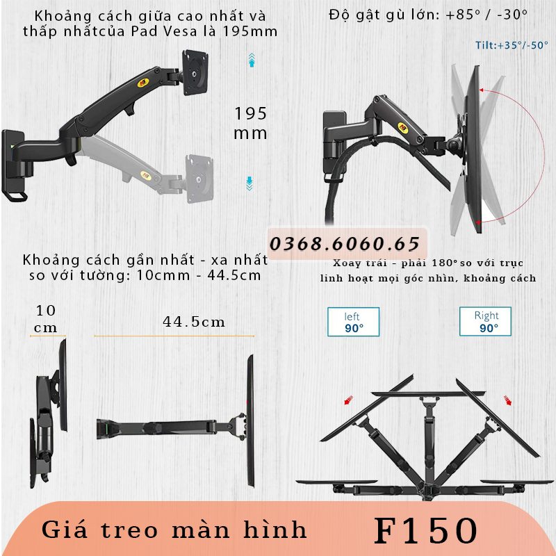 F425/ Giá Treo Màn hình gắn tường/ Tay treo/Arm màn hình gắn tường/ Lò xo thuỷ lực