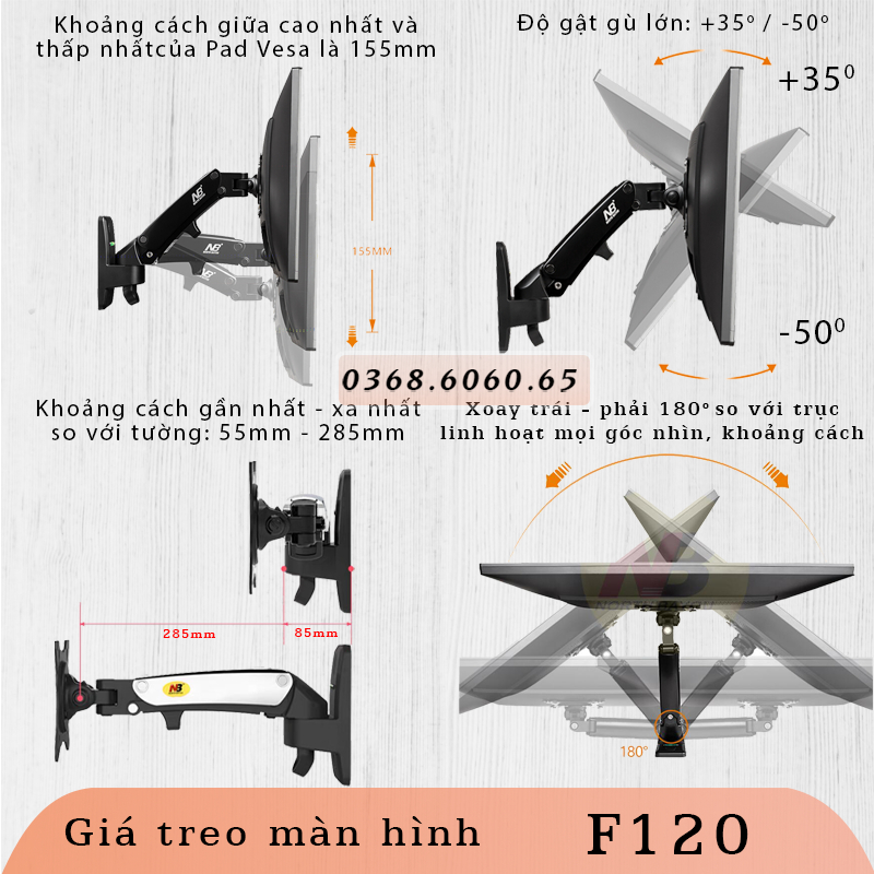 F120 / Giá Treo Màn hình gắn tường/ Tay treo/Arm màn hình gắn tường/ Lò xo thuỷ lực