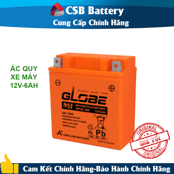 ẮC QUY KHỞI ĐỘNG XE MÔ TÔ GLOBE 12V-6AH (10HR), WP5S-3BP