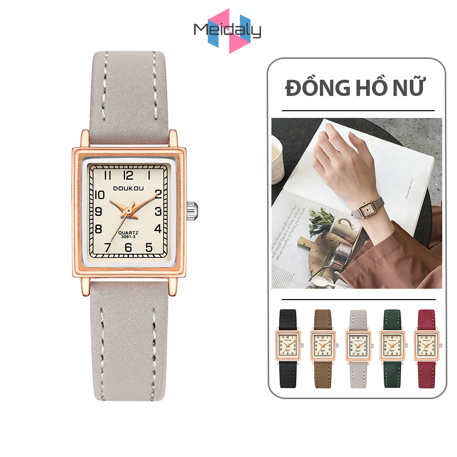 Đồng hồ nữ dây da Doukou mặt vuông thanh lịch giá rẻ, đồng hồ chống thấm nước