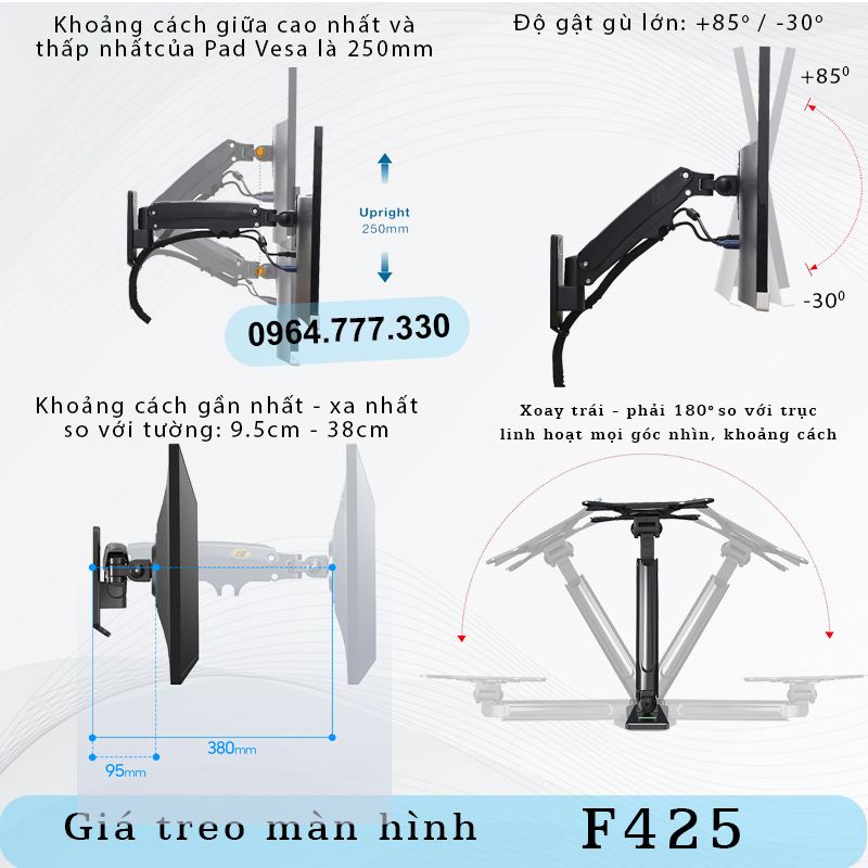 F120 / Giá Treo Màn hình gắn tường/ Tay treo/Arm màn hình gắn tường/ Lò xo thuỷ lực