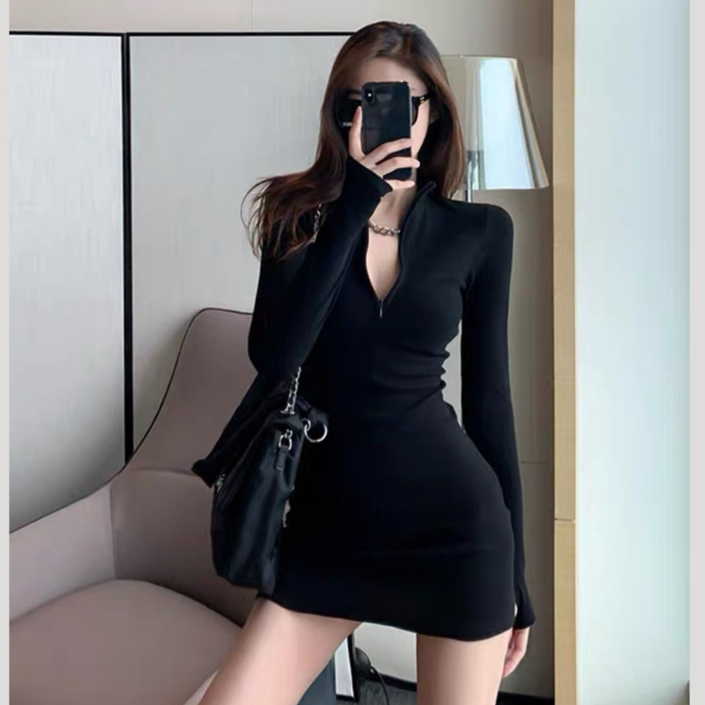Đầm Body Dài Tay Chất Thun Khóa Kéo Freesize Cực Xinh -D22