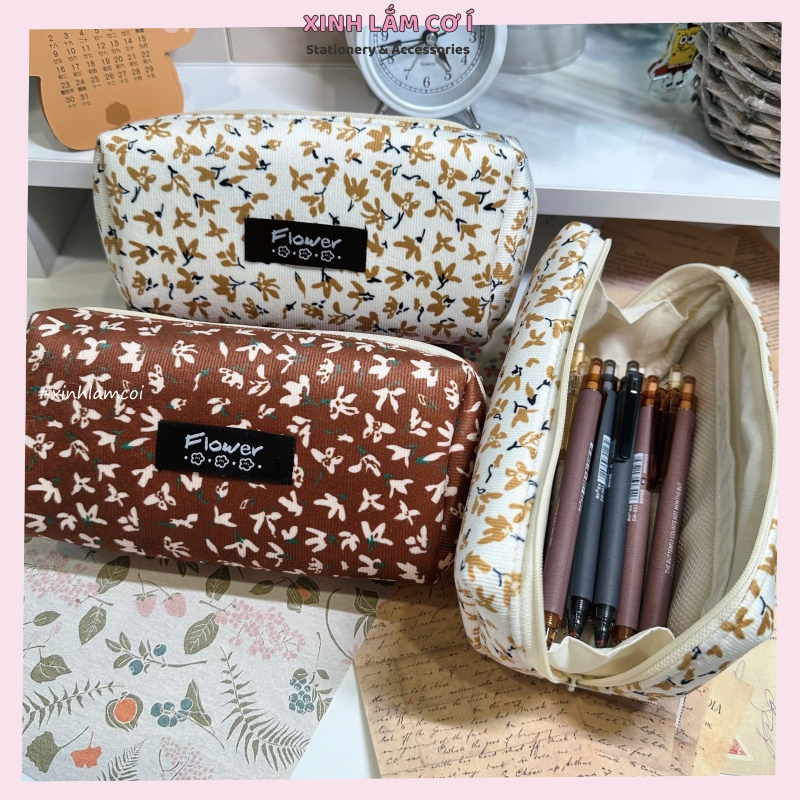 Túi Đựng Bút Bằng Vải Nhung Họa Tiết Hoa Phong Cách Vintage [Xinh Lắm Cơ Í]