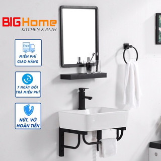 Chậu rửa lavabo có gương vuông kèm phụ kiện cho nhà vệ sinh nhỏ, phong cách tối giản, Bộ chậu lavabo treo tường đa năng