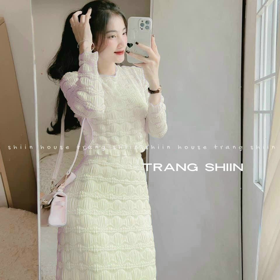Sét váy nữ dáng dài chân váy midi cùng áo cổ tròn thanh lịch cho nang ưa thích sự kín đáo