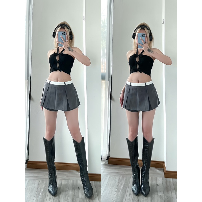 Áo nơ cột + Chân váy xám 2 kiểu