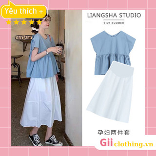   ORDER  Set áo xanh cánh dơi nơ sau lưng chân váy dài trắng baby doll eo to bản bầu mặc được  ảnh thật  
