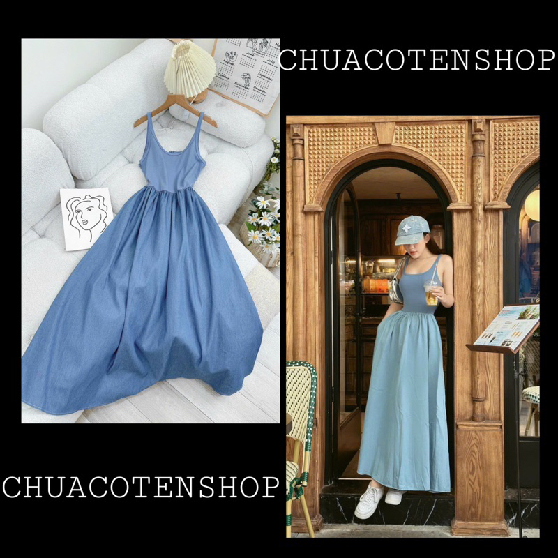 Maxi dây thun phối denim ( Ảnh thật )