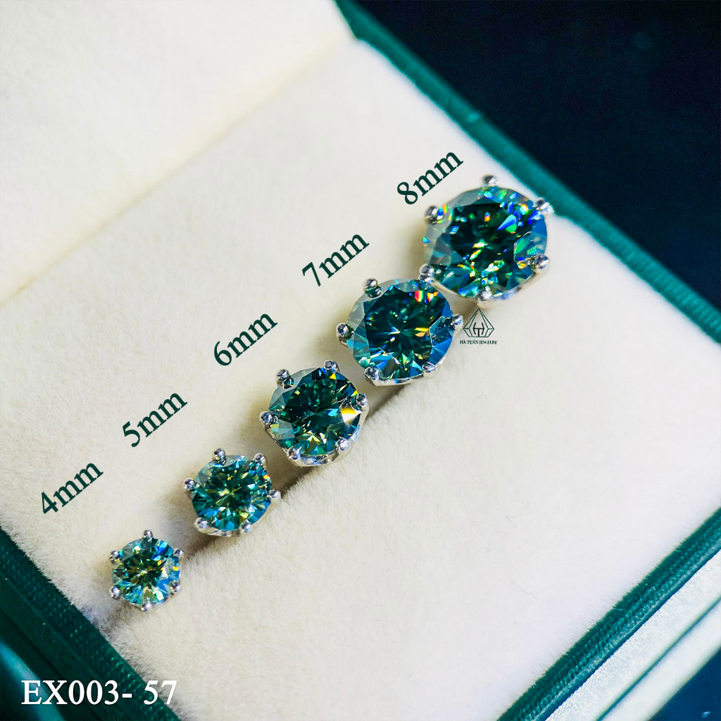 Bông tai Bạc nam nữ Moissanite xanh lá 57 giác 4-8mm EX003
