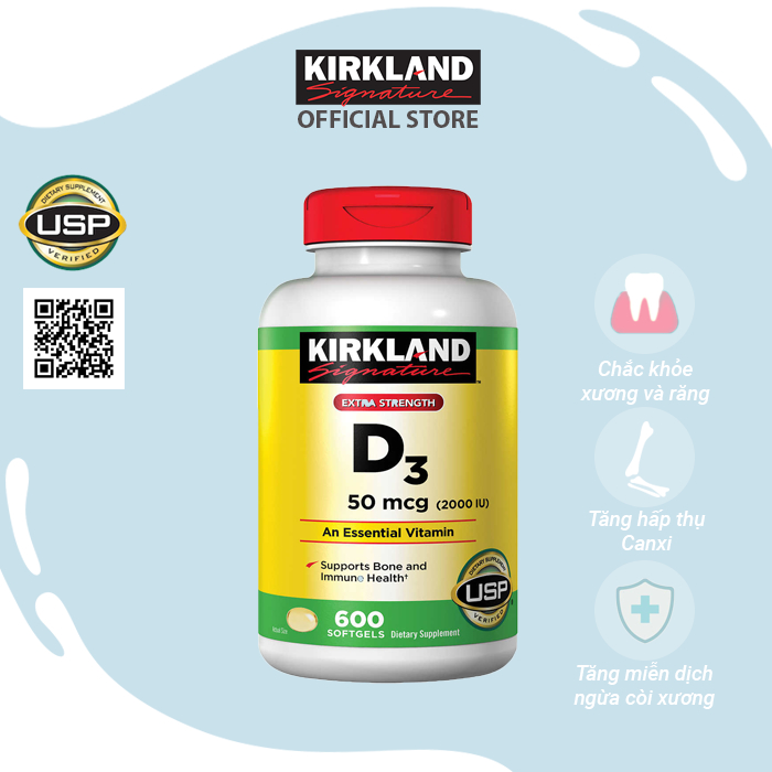 Viên Bổ sung Vitamin D3 Kirkland Signature Extra Strength D3 50 mcg