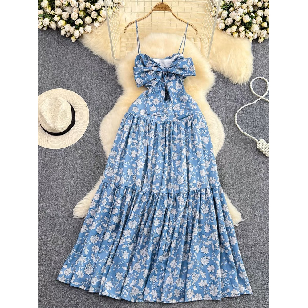 Đầm Maxi Hoa Hai Dây Thắt Nơ Lưng Cực Xinh Nàng Thơ Đi Biển, váy maxi hai dây thắt nơ lưng phong cách Pháp